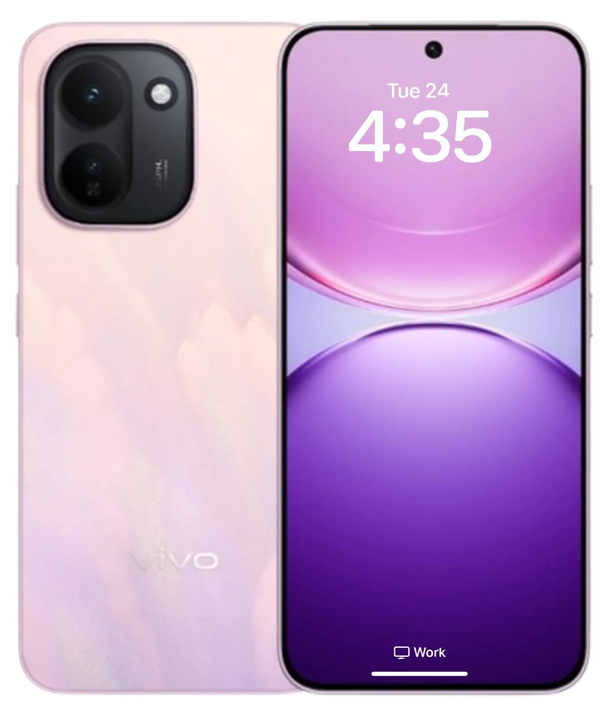 Vivo Y600 Turbo smartphone featuring a sleek design with a pastel pink and purple gradient back, dual rear cameras, and a vibrant display showing the time. The device is presented in a front view against a plain background.