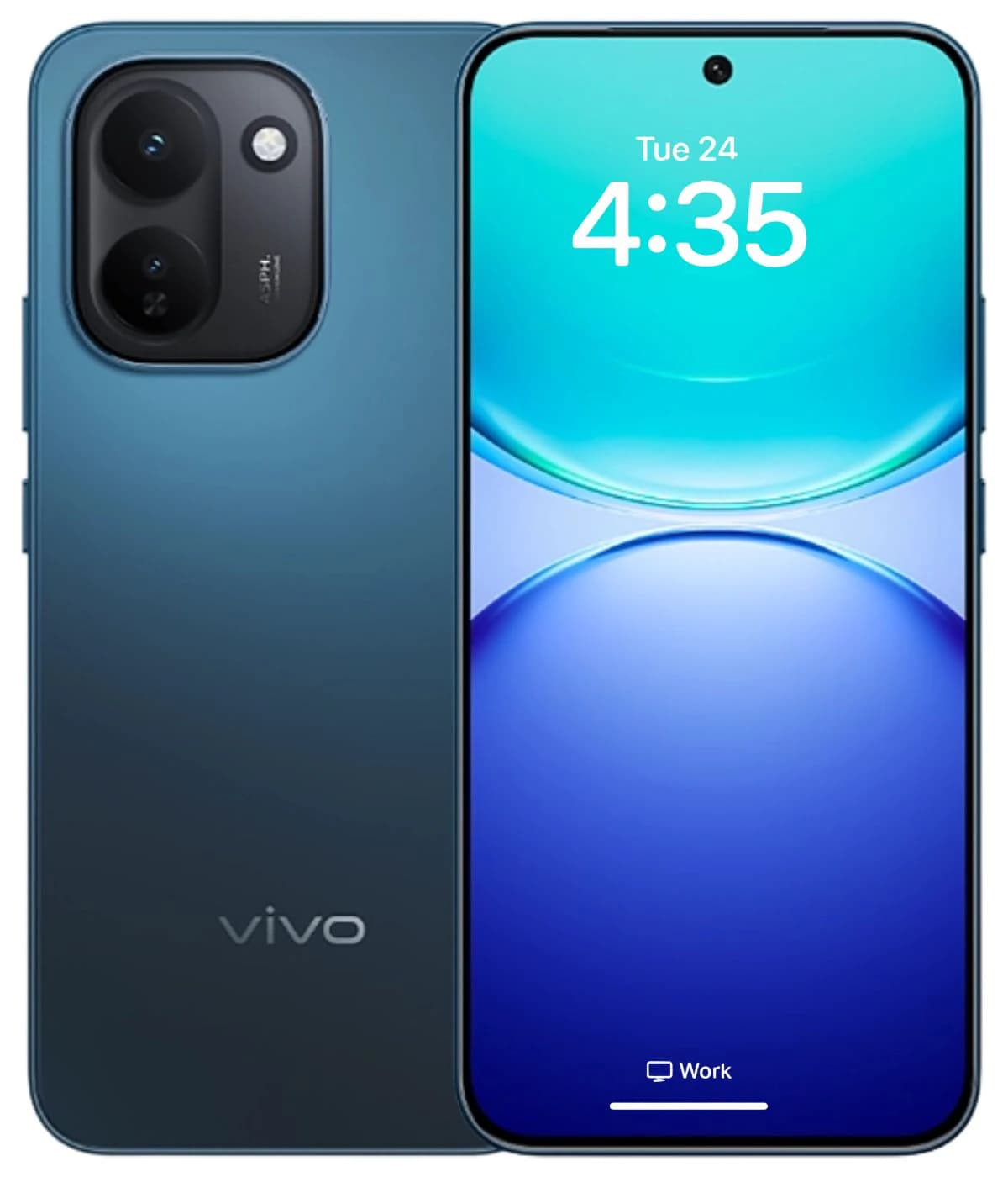 Vivo Y600 Turbo smartphone in a sleek blue design, featuring a dual-camera setup on the back and a vibrant display showing the time. The device is presented in a front view against a plain background, highlighting its modern aesthetics.