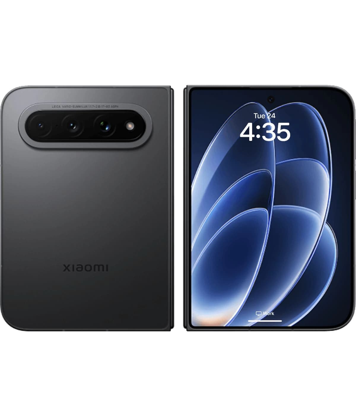 Xiaomi 18 Fold smartphone in sleek black design, showcasing a dual-screen foldable feature. The front displays a vibrant screen with a time indicator, while the back features a triple camera setup. Ideal for tech enthusiasts seeking innovation.