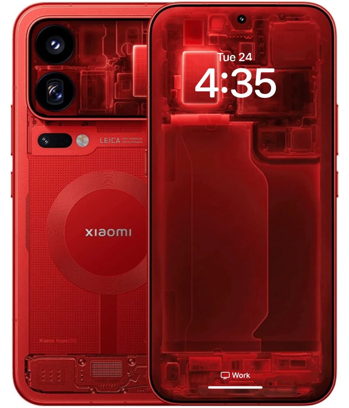 Xiaomi 18 Pro Max smartphone in vibrant red color showcasing a transparent back design. Features dual cameras and intricate internal components visible through the casing. The device displays the time 4:35 on the screen, emphasizing its modern…
