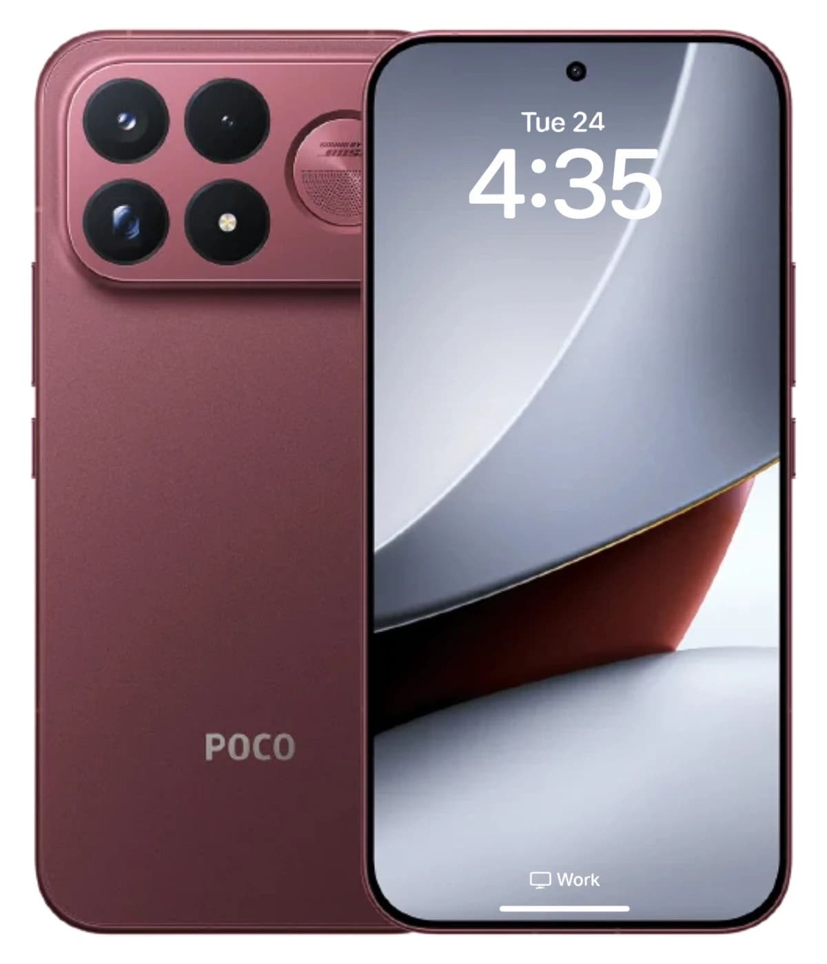 Xiaomi Poco F9 Ultra smartphone in a sleek dark red finish, featuring a vibrant display with a front camera and a triple-camera setup on the back. The device showcases a modern design with rounded edges and the brand logo prominently displayed.