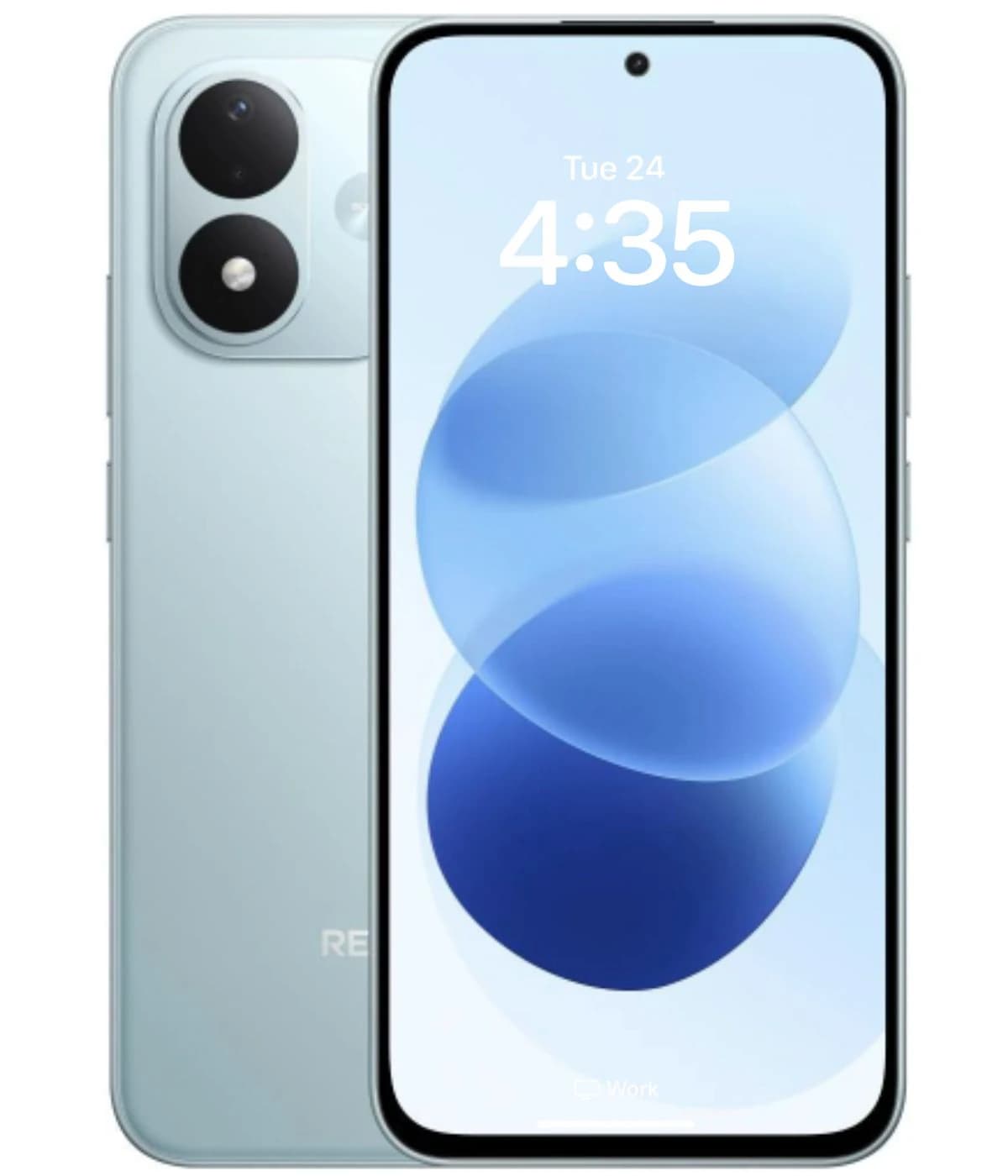 Xiaomi Redmi Note 17 smartphone in light blue color, showcasing a sleek design with a dual-camera setup on the back and a vibrant display featuring rounded edges. The screen displays the time and a soft blue background, emphasizing its modern…