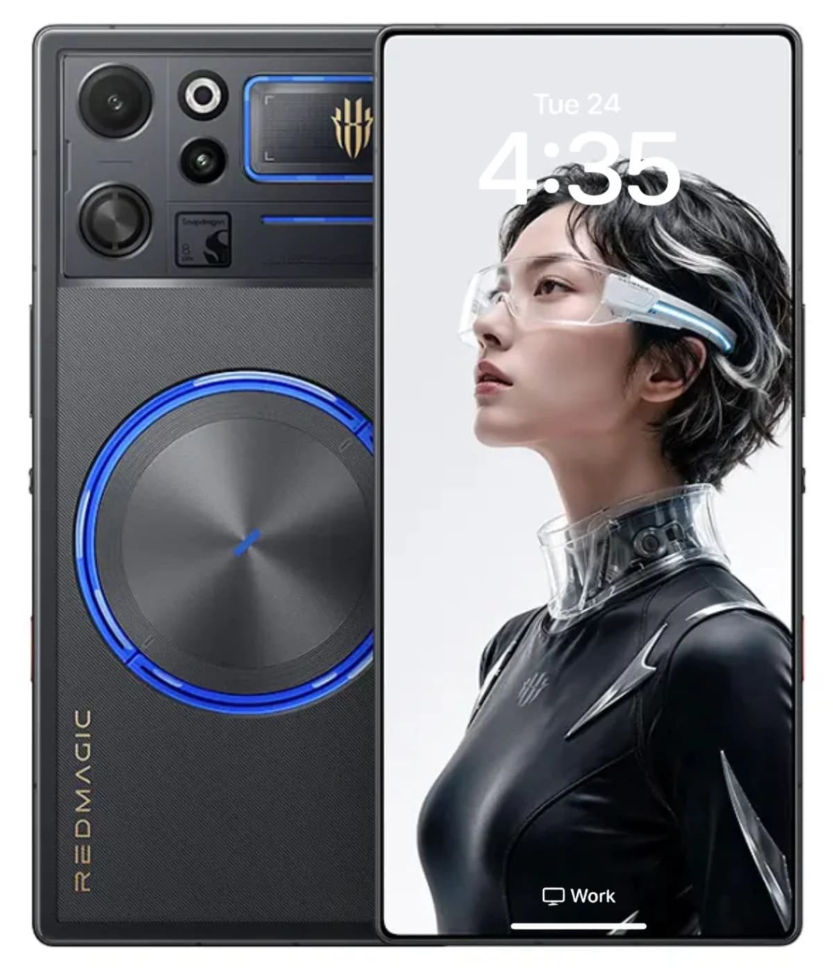 ZTE Nubia RedMagic 12 Pro Plus smartphone featuring a sleek black design with blue LED accents, showcasing a high-resolution display with a futuristic character on the screen. The back highlights advanced camera setup and gaming aesthetics.