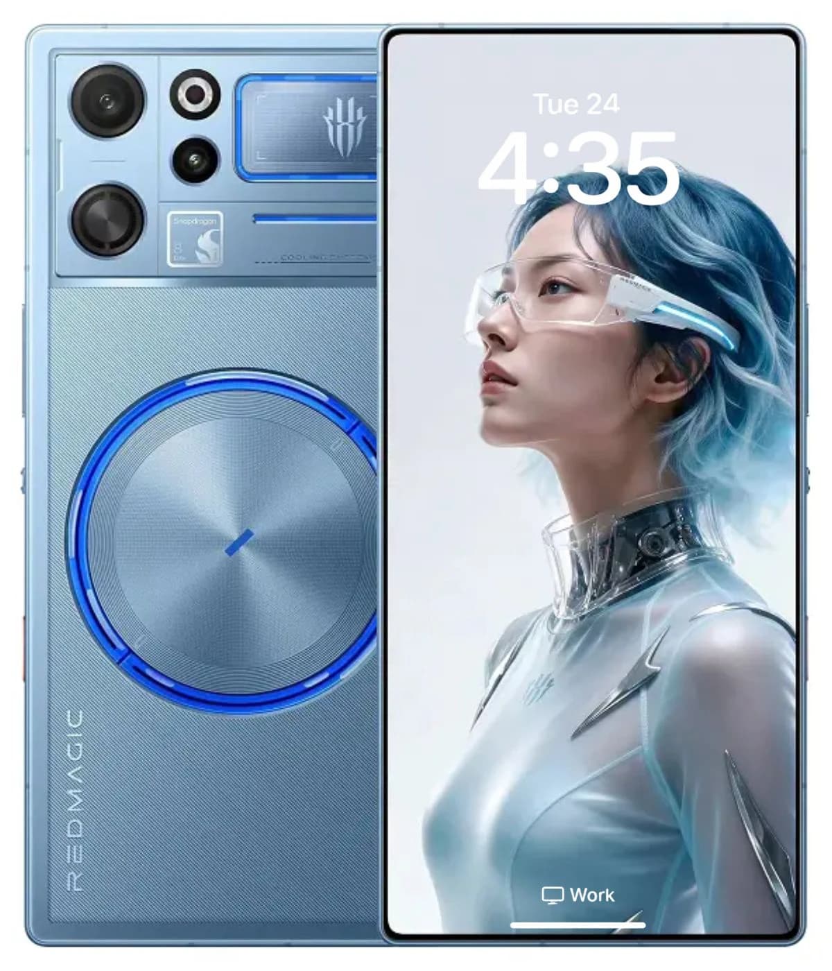 ZTE Nubia RedMagic 12 Pro Plus smartphone in a striking blue color with a unique cooling fan design, featuring a high-resolution display showcasing a futuristic character. The back includes a circular cooling vent and multiple camera lenses.